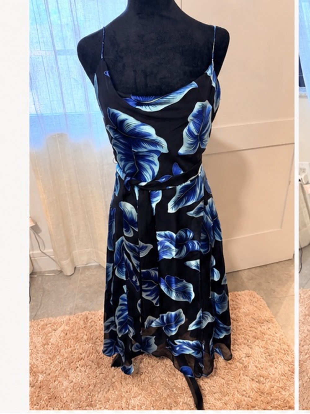 Alice + Olivia Silk Tropical Floral Slip Dress Size 6 Blue Black Midi Cowl Neck